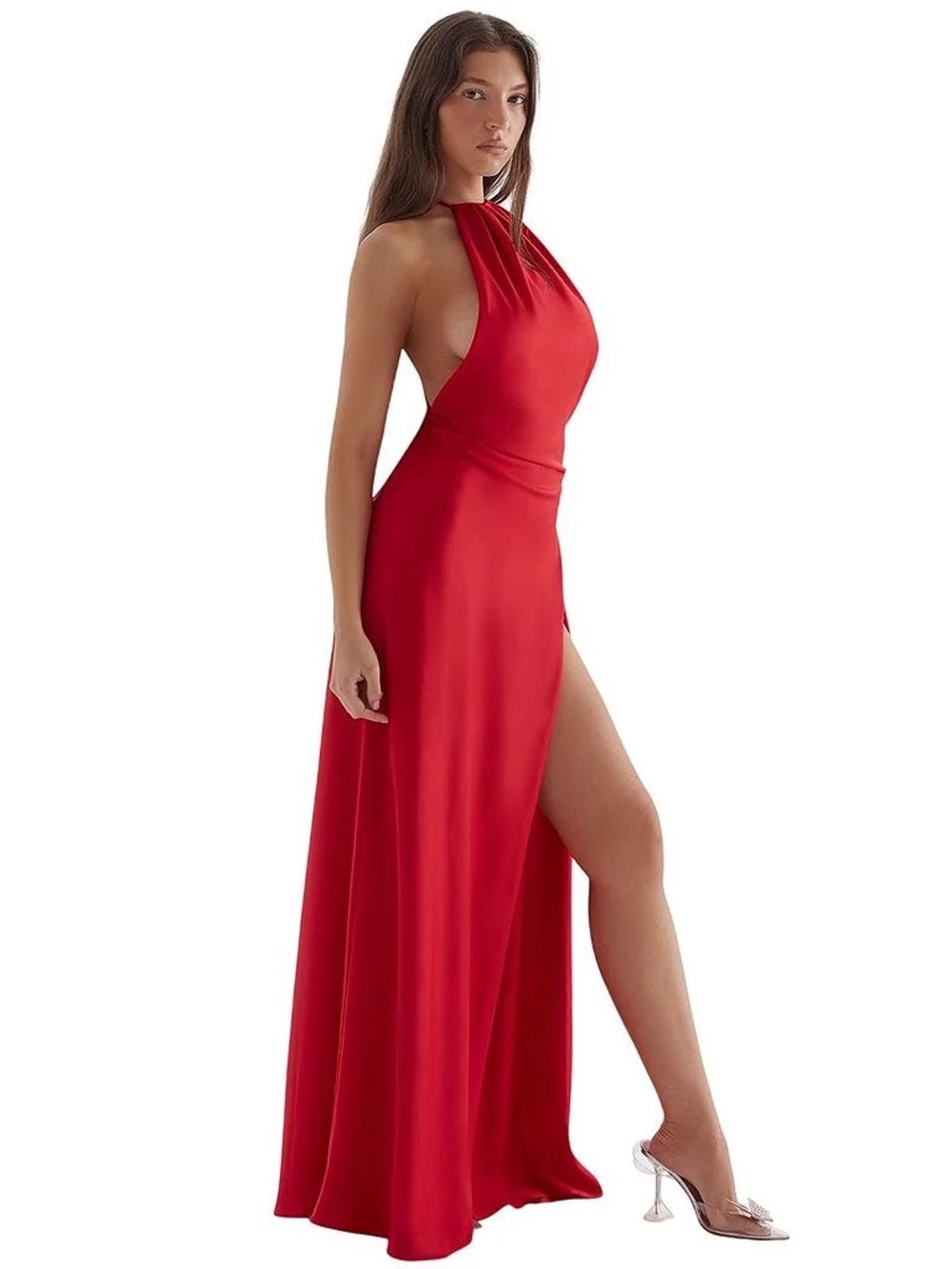 House of CB Red Halter Maxi Dress with High Side Slit